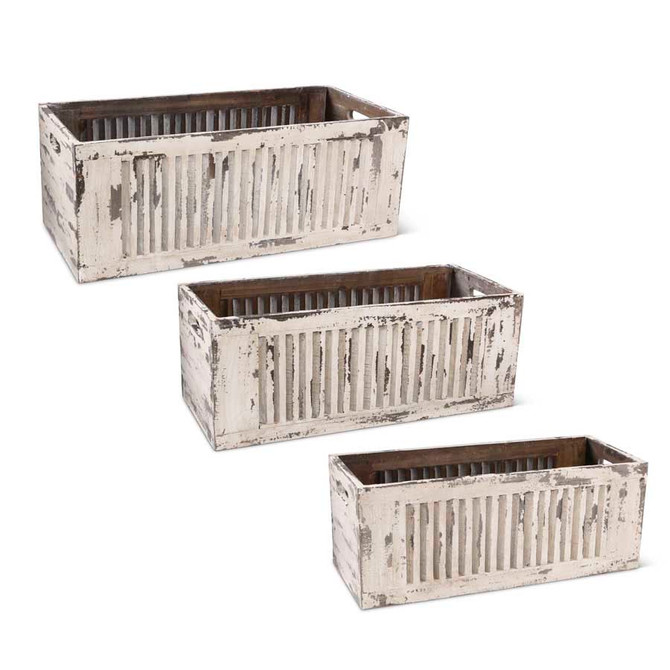 Set Of 3 Whitewashed Wood Shutter Crates