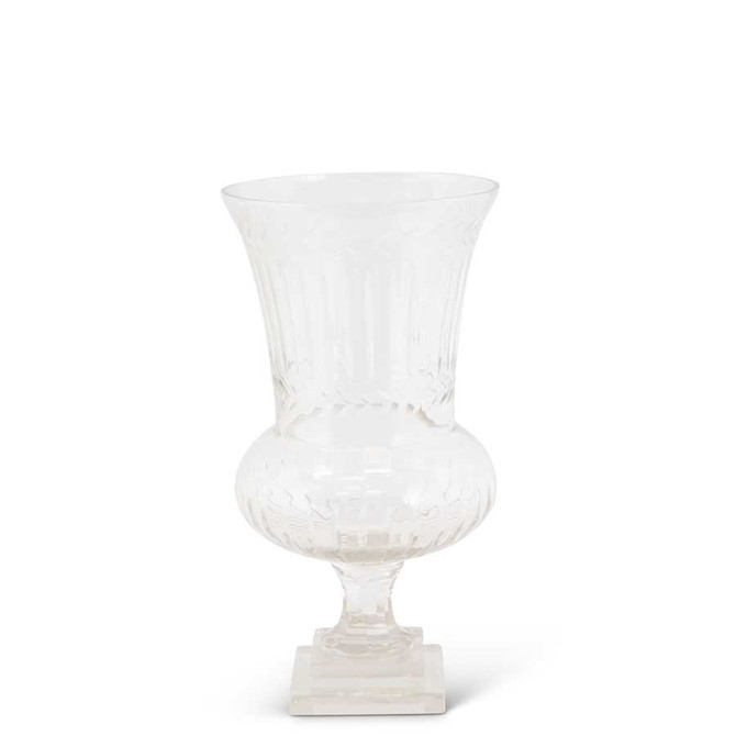 16 Inch Etched Laurel Clear Glass Vase On Pedestal