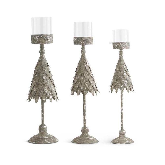 Set Of 3 Tall Metal Candleholders With Antique Silver Finish