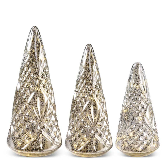 Set Of 3 Shiny Silver Mercury Glass Embossed Led Trees