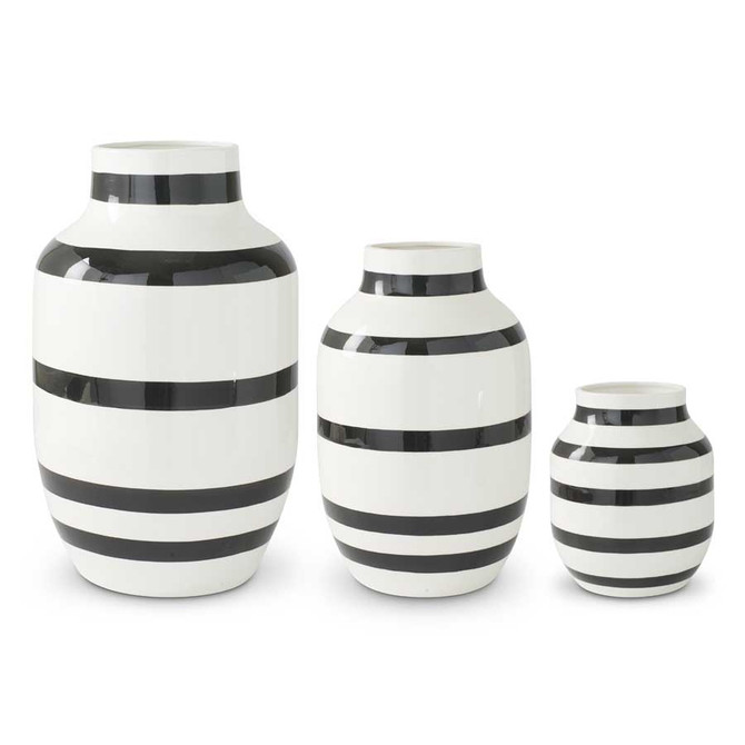 Set Of 3 White & Black Striped Ceramic Vases