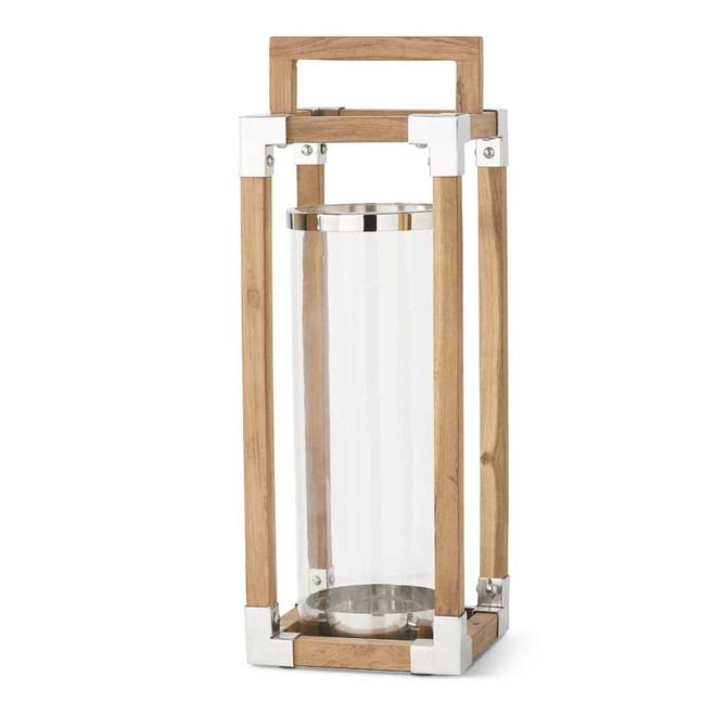 25.75 Inch Teak Wood Open Lantern With Glass Cylinder