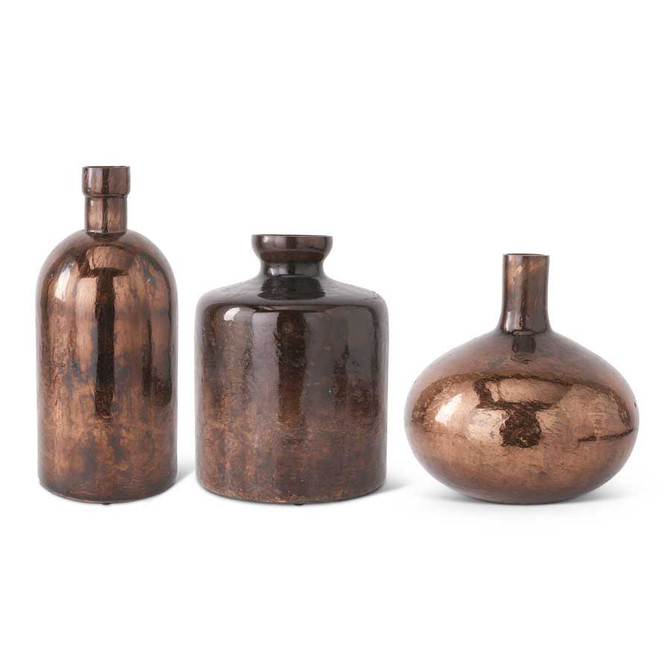 Set Of 3 Antique Bronze Glass Bottle Vases