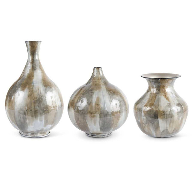 Set Of 3 Glazed Metal Vases