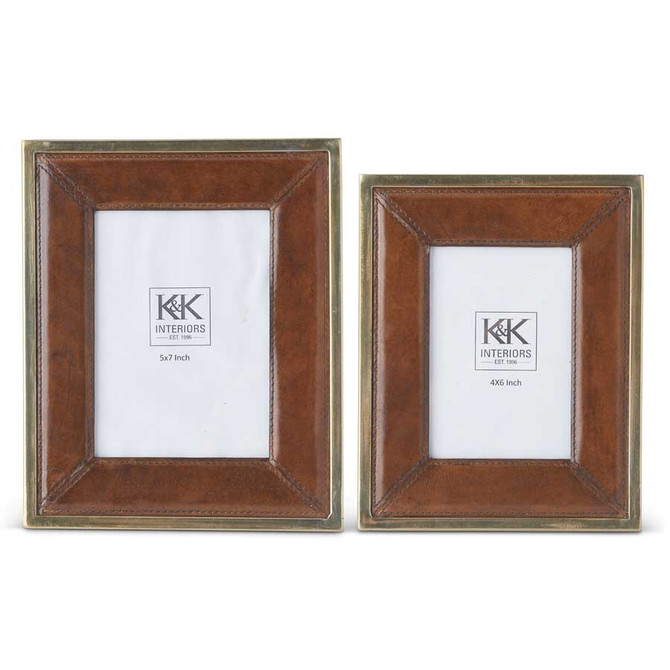 Set Of 2 Tan Leather Photo Frames With Antique Metal Trim