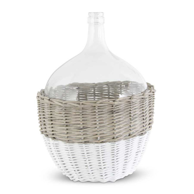 21 Inch Clear Glass Bottle In White & Tan Wicker Basket