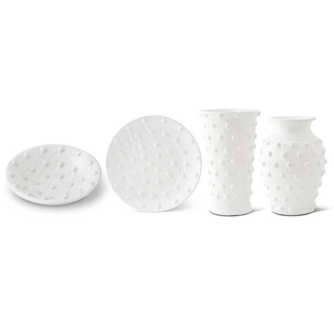 Set Of 4 Glazed Bowl Plate & Vases With Raised Polka Dots