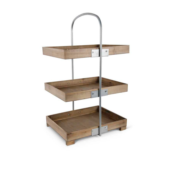34 Inch Metal 3 Tiered Natural Wood Rectangular Tray Stand