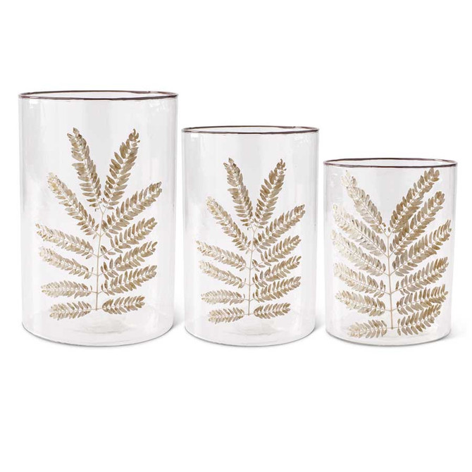 Clear Textured Glass Cylinders With Dried Leaf Applique