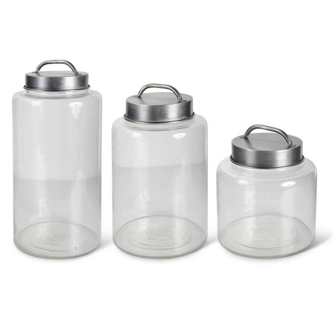 Set Of 3 Glass Containers With Brushed Silver Lids