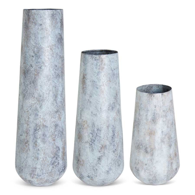 Set Of 3 Light Blue Metal Tall Vases With Acid Washed Finish