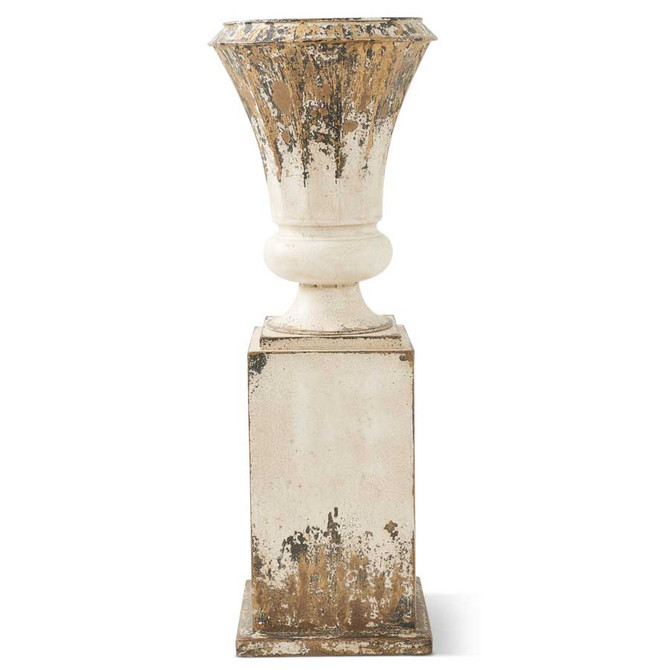 32 Inch White and Gold Washed Metal Urn On Stand