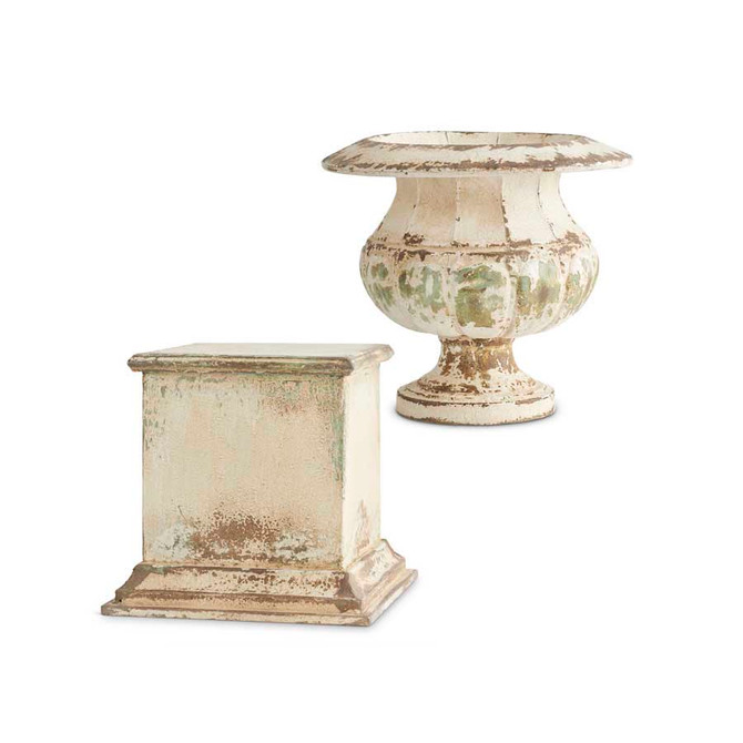 22.5 Inch Tin Rustic Cream Metal Urn With Square Base