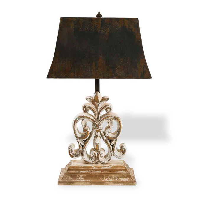 26 Inch Distressed Carved Scroll Wood Lamp With Metal Shade