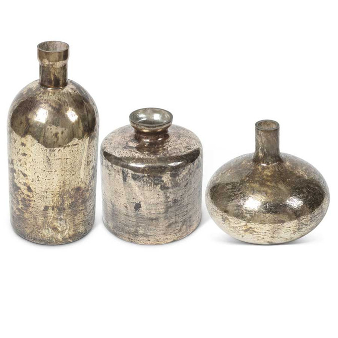 Set Of 3 Antique Copper Matte Glass Bottle Vases