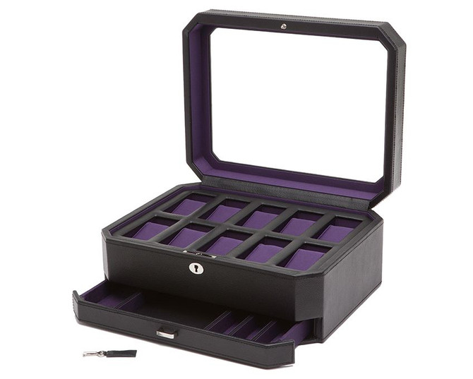 Wolf - Windsor 10pc Watch Box with Drawer in Black/Purple (458603)