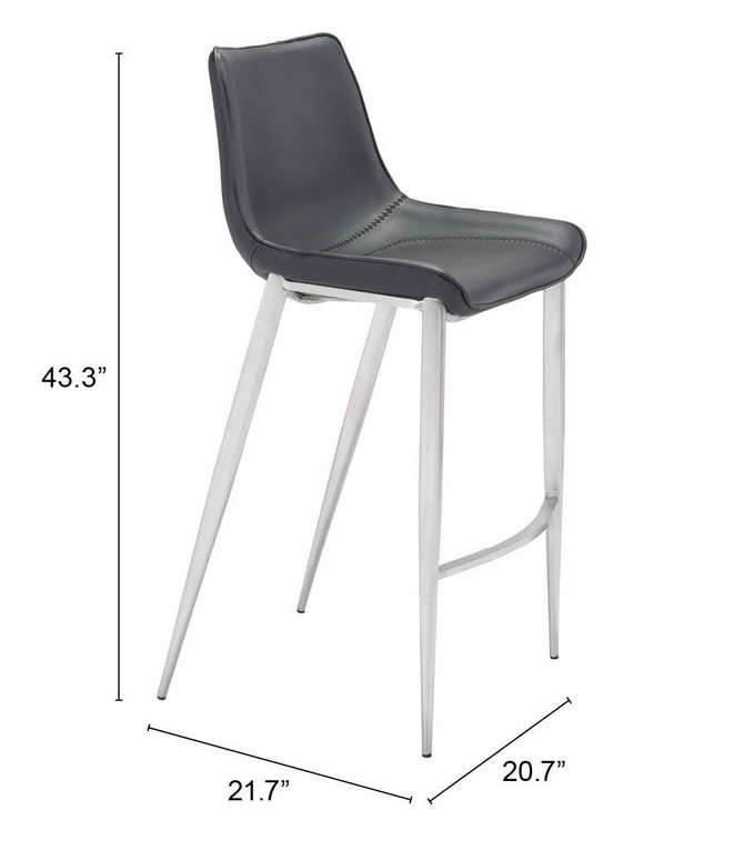 Zuo Modern Magnus Bar Chair Black & Silver Dimensions