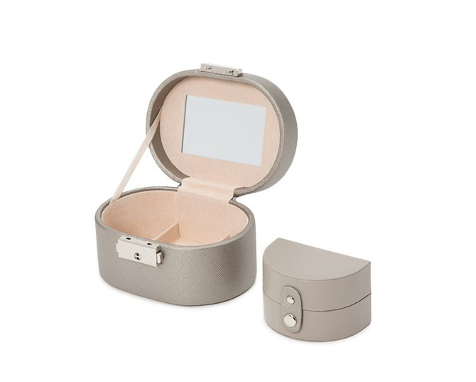 Wolf - Heritage Mini Oval Box in Pewter Saffiano (281434)