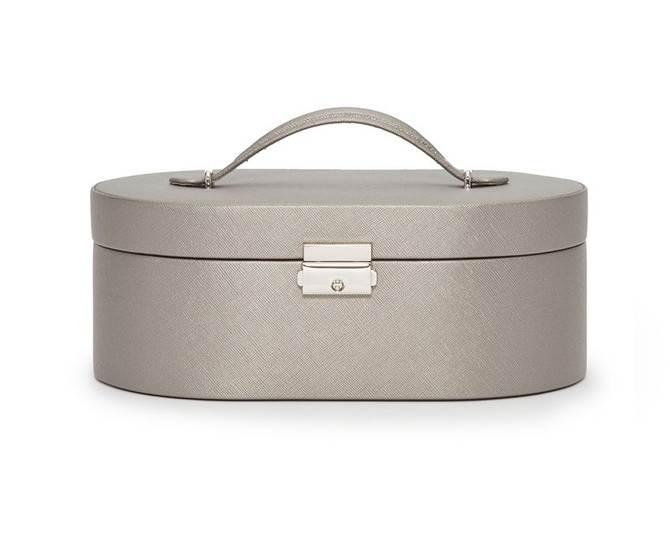 Wolf - Heritage Oval Jewelry Box in Pewter Saffiano (280534)