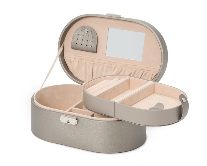 Wolf - Heritage Oval Jewelry Box in Pewter Saffiano (280534)