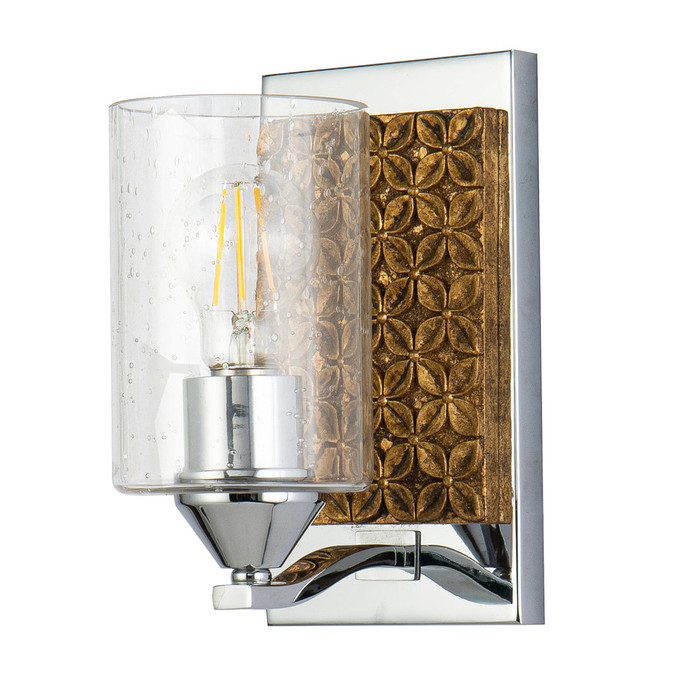  Lucas + McKearn Arcadia 1 Light Bath Bar in Chrome and Gold with Clear Seeded Glass