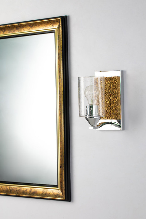  Lucas + McKearn Arcadia 1 Light Bath Bar in Chrome and Gold with Clear Seeded Glass