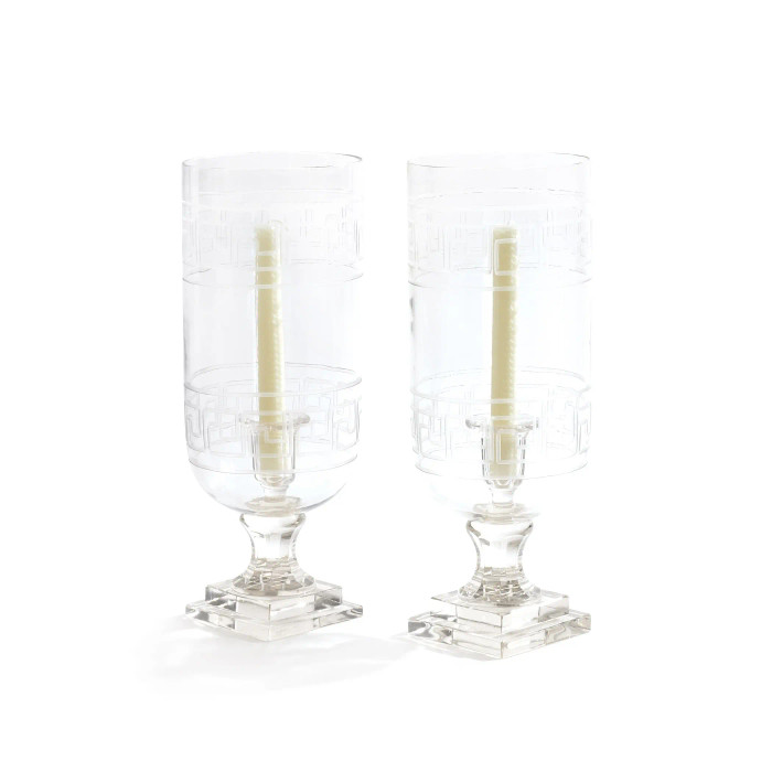 Go Home Ltd - Pair of Etched Glass Greek Key Hurricanes