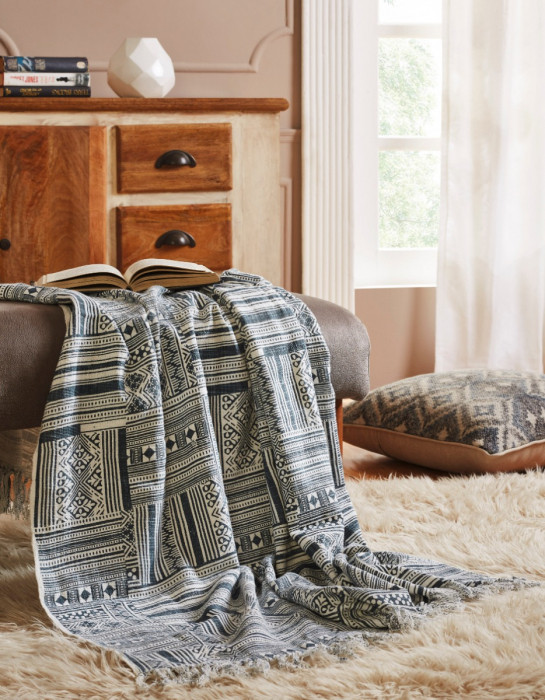 Print Patchwork Throw in Blue by India's Heritage