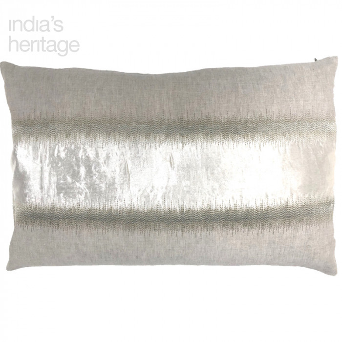 Ellora Casa by India's Heritage Royalty Linen Embroidery Lumbar 16" Pillow in Natural Ivory