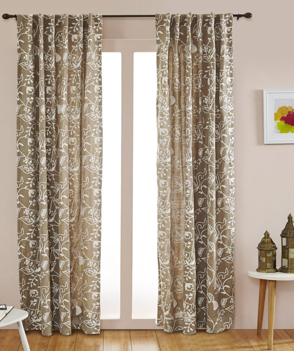 Birds of Paradise Embroidered Linen Curtain in Taupe by Ellora Casa by India's Heritage