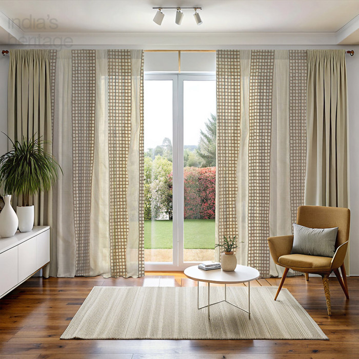 Jute Grid Cotton Curtain in Ivory by Ellora Casa by India's Heritage