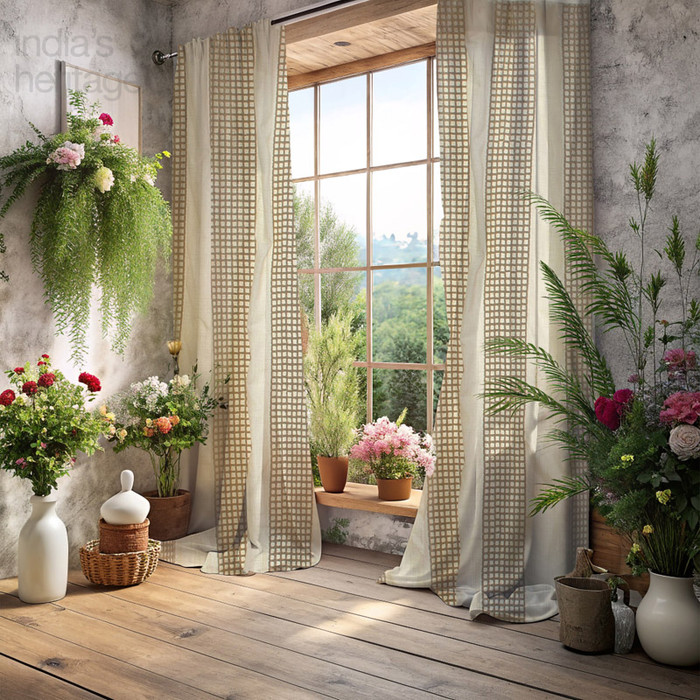 Jute Grid Cotton Curtain in Ivory by Ellora Casa by India's Heritage