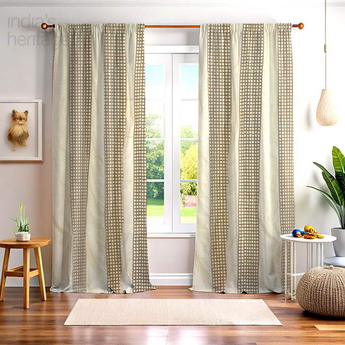 Jute Grid Cotton Curtain in Ivory by Ellora Casa by India's Heritage