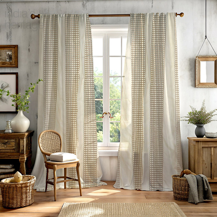 Jute Grid Cotton Curtain in Ivory by Ellora Casa by India's Heritage