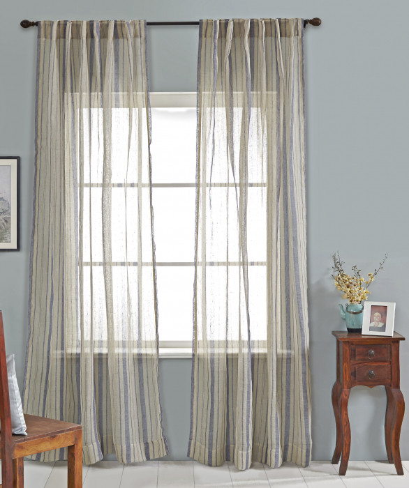 Bay Stripe Linen Sheer Curtain in Blue Natural by Ellora Casa by India's Heritage