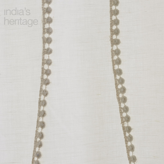 Pompom Motif Linen Cotton Embroidered Curtain in Ivory by Ellora Casa by India's Heritage