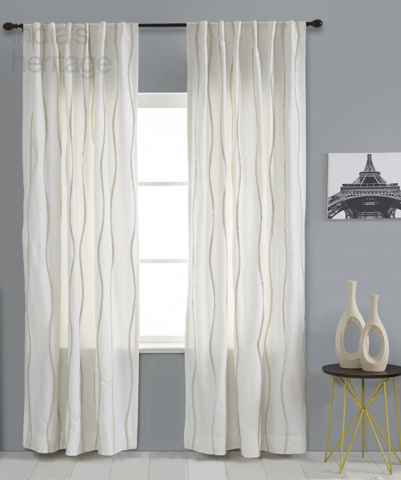 Pompom Motif Linen Cotton Embroidered Curtain in Ivory by Ellora Casa by India's Heritage