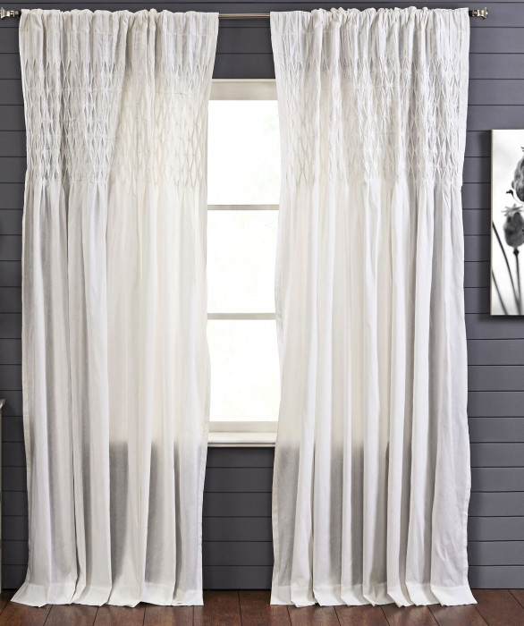 Smocking Stitch Linen Curtain in White by Ellora Casa by India's Heritage