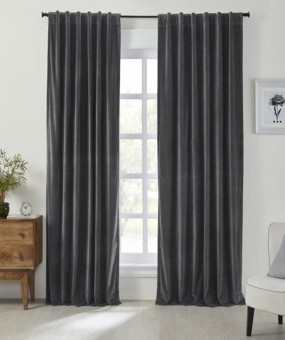 Stella Plush Cotton Velvet Curtain in Charcoal by Ellora Casa by India's Heritage