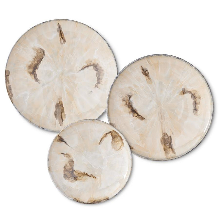 Set of 3 Cream & Brown Enameled Metal Wall Tray Medallions by K&K Interiors