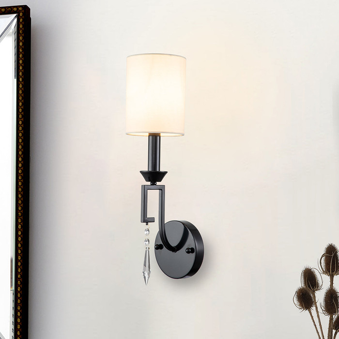 Lucas + McKearn Lemuria Sconce in Black with White Linen Cylinder Shade and Crystal Accent