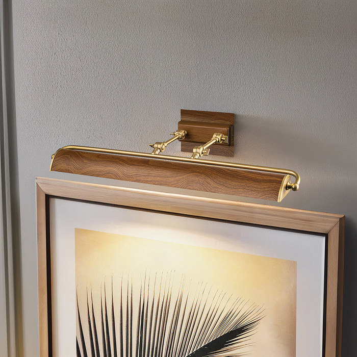 The Winchfield Large Picture Light in Aged Brass With Oak Accents By Lucas + McKearn