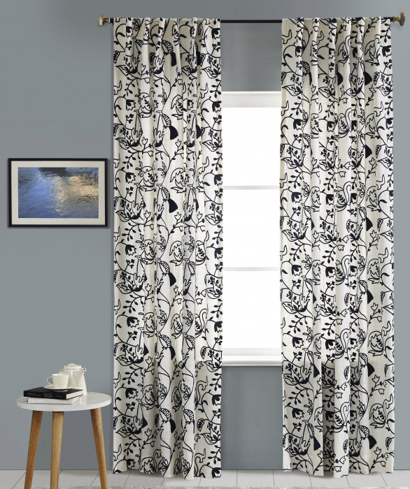 Birds of Paradise Embroidered Linen Curtain in White by Ellora Casa by India's Heritage