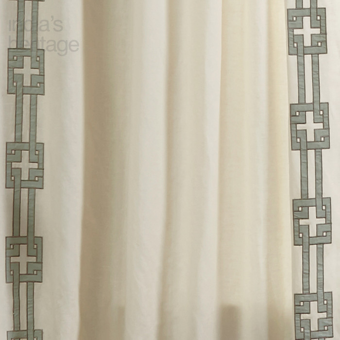 Hannah Geometric Border Curtain in Vanilla Mosaic Blue by Ellora Casa by India's Heritage