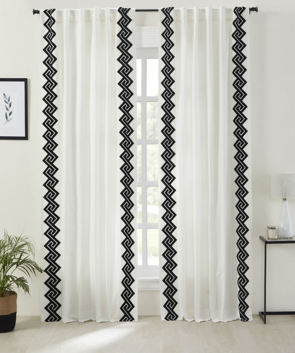 Windsor Velvet Bordered Curtain in White Black by India's Heritage