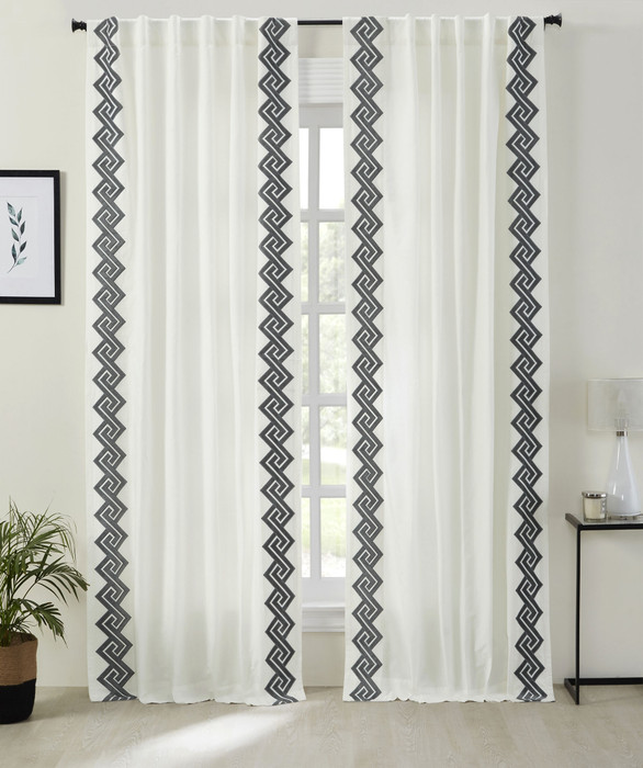 Windsor Velvet Bordered Curtain in White Grey by Ellora Casa by India's Heritage