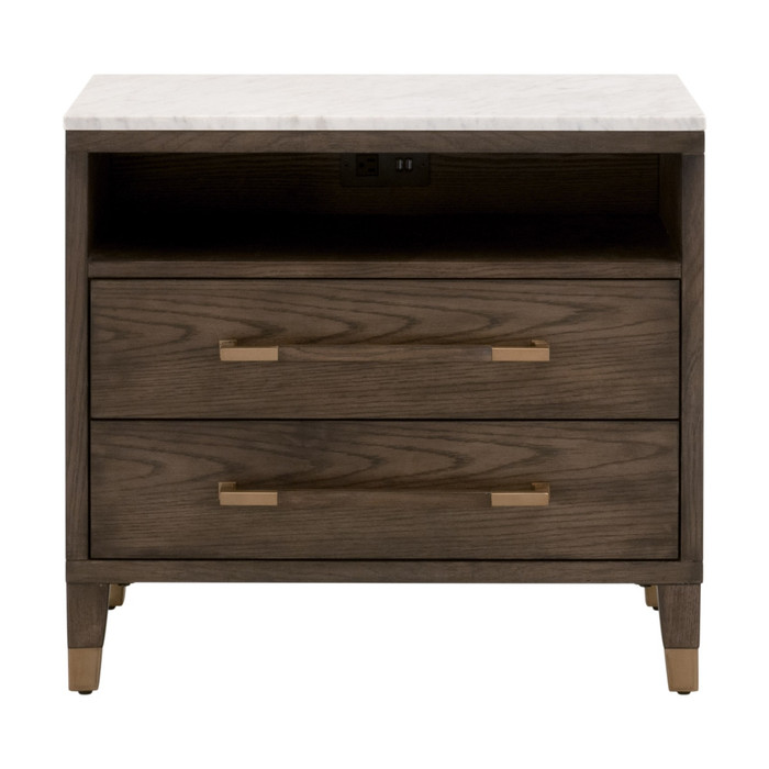 Essentials For Living - Cambria 2-Drawer Nightstand in Dutch Brown Oak, Bianco Marble, Aged Brass