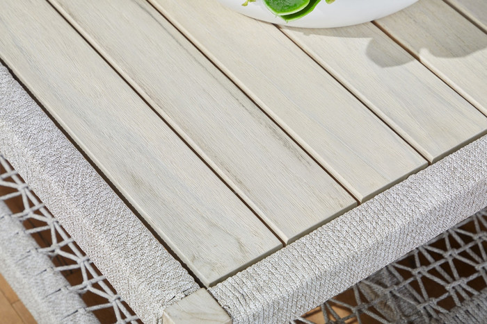 Essentials For Living Wrap Outdoor Coffee Table in Taupe & White Flat Rope & Gray Teak