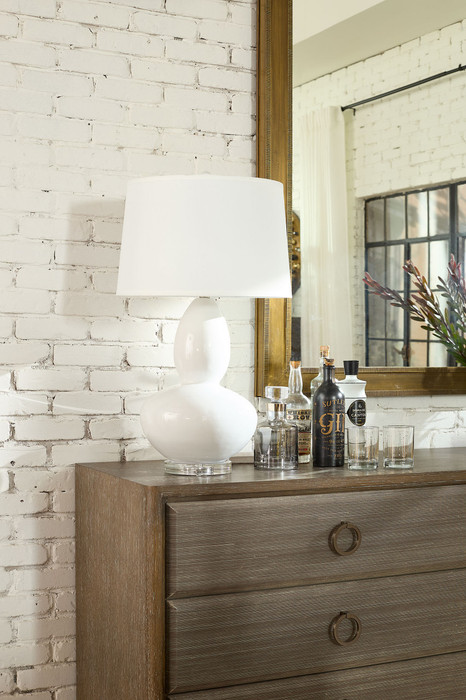 Villa & House - Lisbon Lamp with Shade 17-inch White Linen, with Nickel, Alpine Gleam