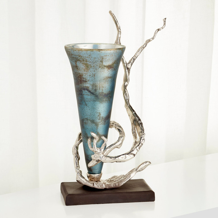 Gianni Vase in Nickel And Blue Mist Glass by Cyan Design